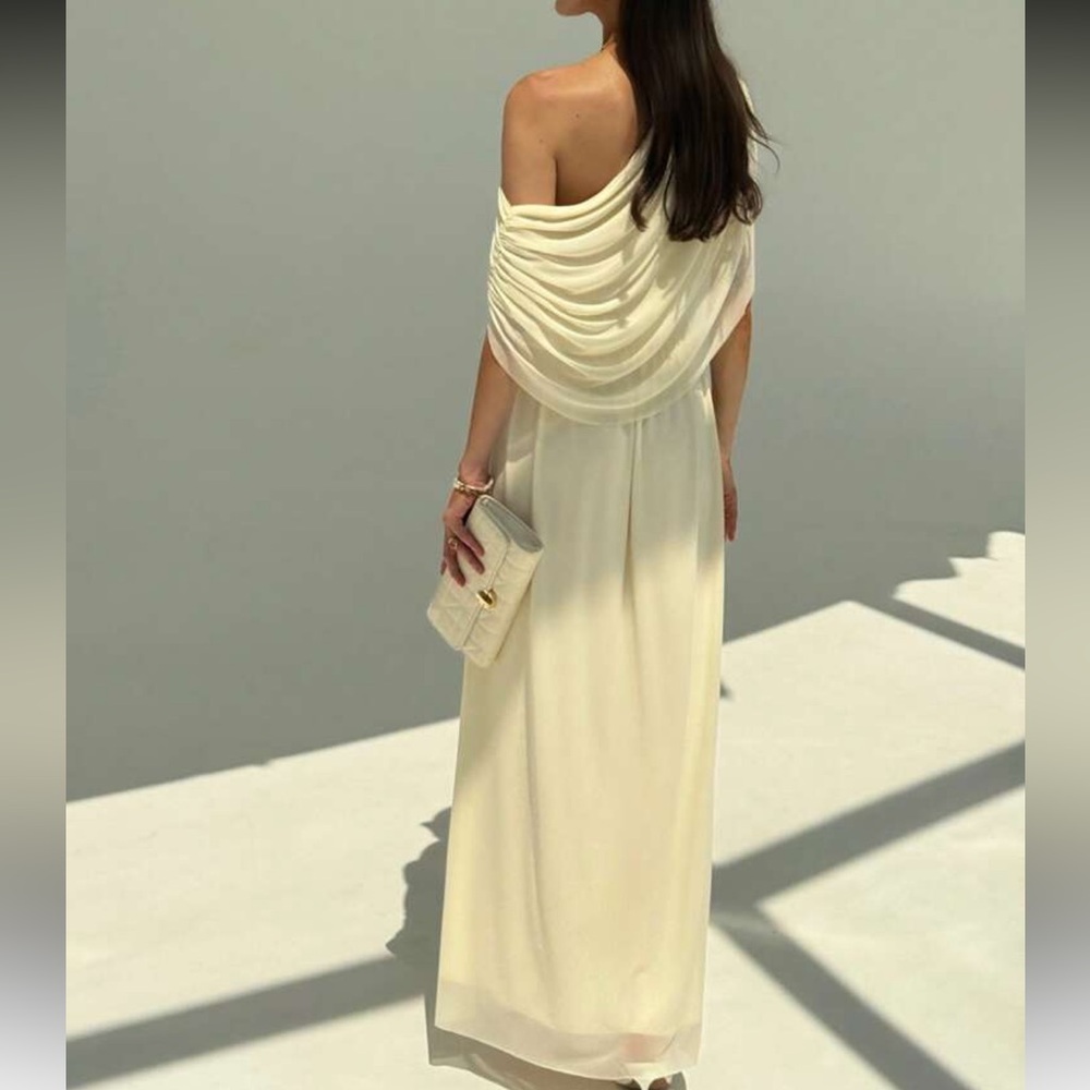 Cream butter yellow mesh ruched asymmetrical draped semi formal maxi dress - Picture 7 of 7